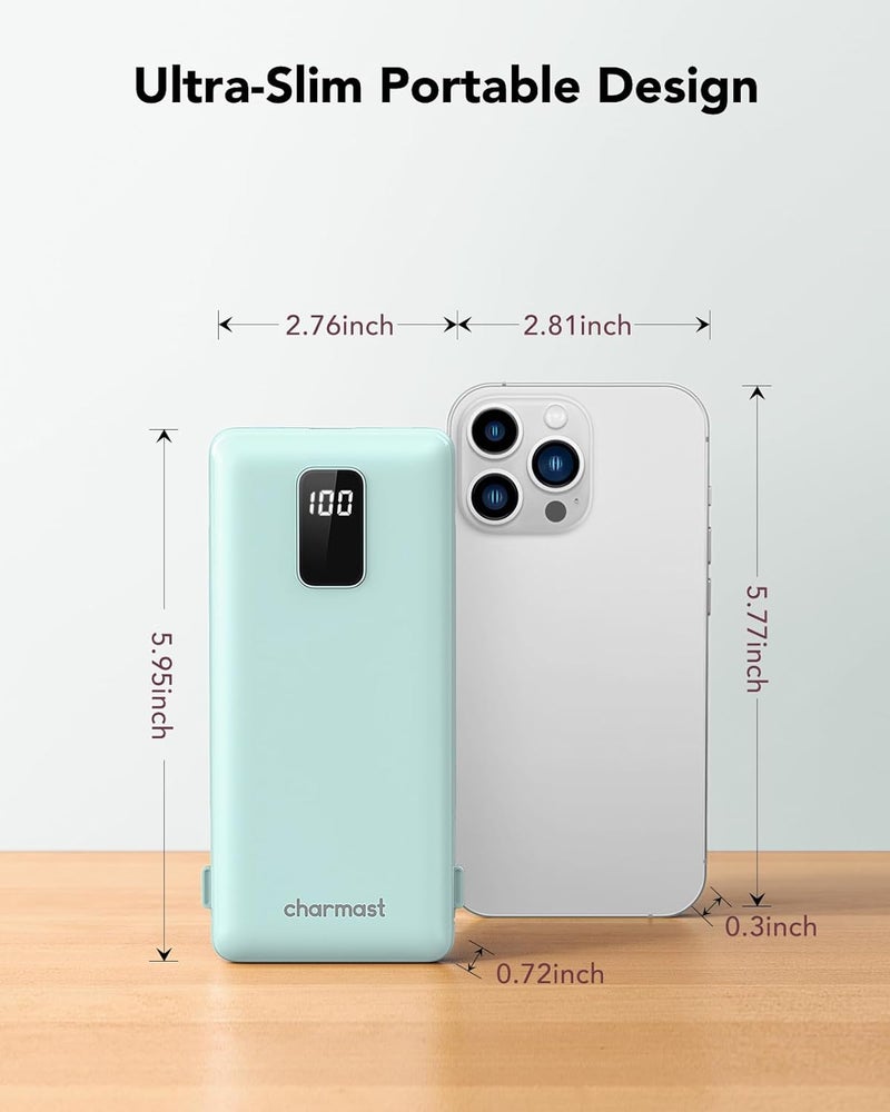 Charmast Portable Charger with Built-in Cables and Plug, 10000mAh USB C Power Bank Fast Charging, External Battery Pack Slim, Travel Essentials Compatible with iPhones, Samsung Galaxy, iPad - Image 3